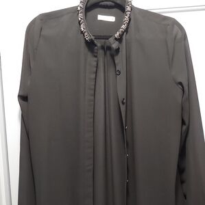 Black Sheer Beaded Collar Long-sleeve Blouse